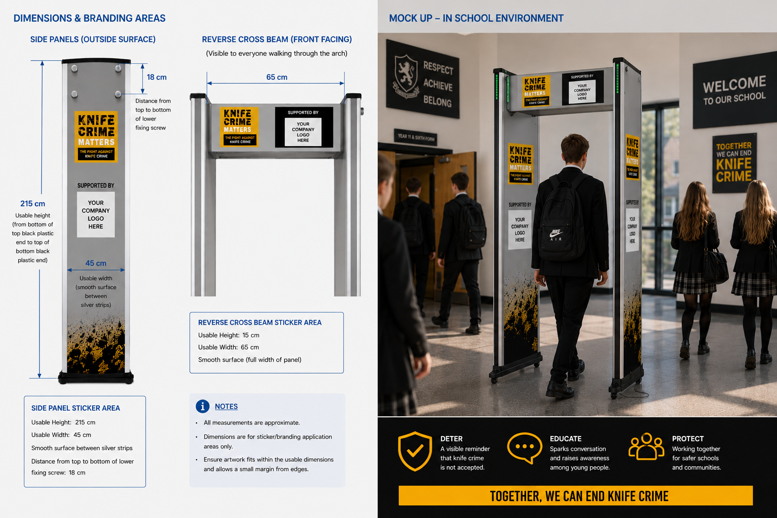 Knife Crime Matters Branded Knife Detection Arch, Dimensions, Branding Areas and School Mock Up